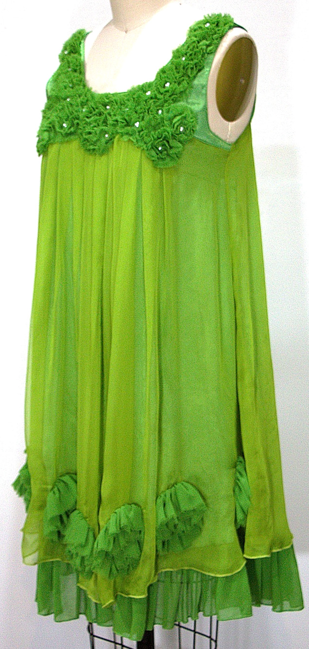 BGN Silk Green Tunic Dress Sheer Overlay Faux Pearl Floral Aplique